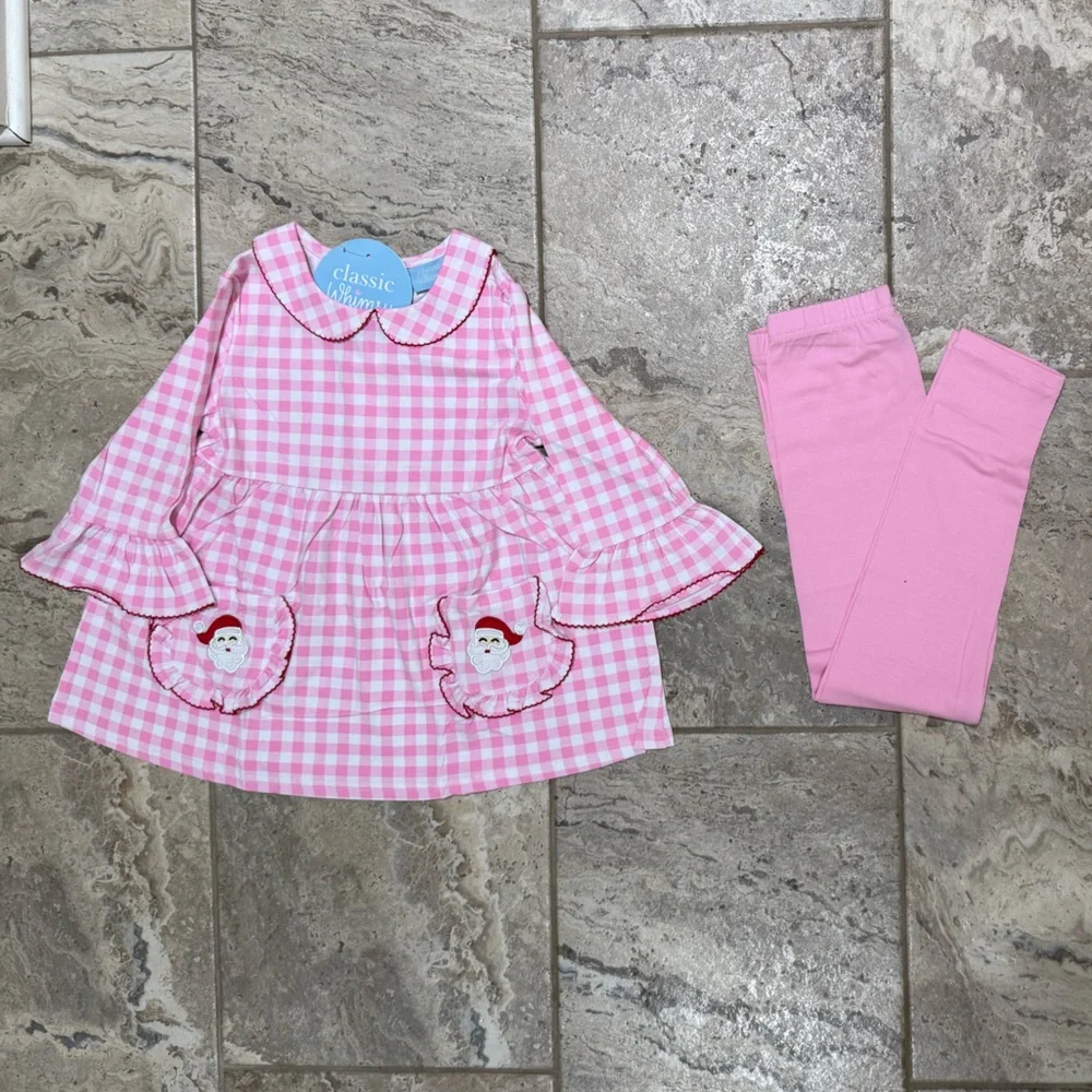 NWT Size 6 Classic Whimsy Pink Gingham santa top with Leggings